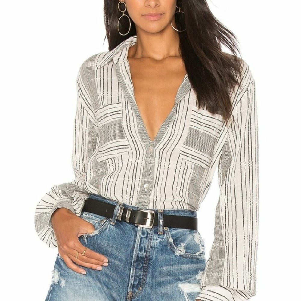 Jen's Pirate Booty Stripe Button Down Shirt S Ivory Black Woven Textured